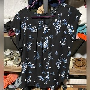 41 Hawthorn Black Top with Blue Floral Design